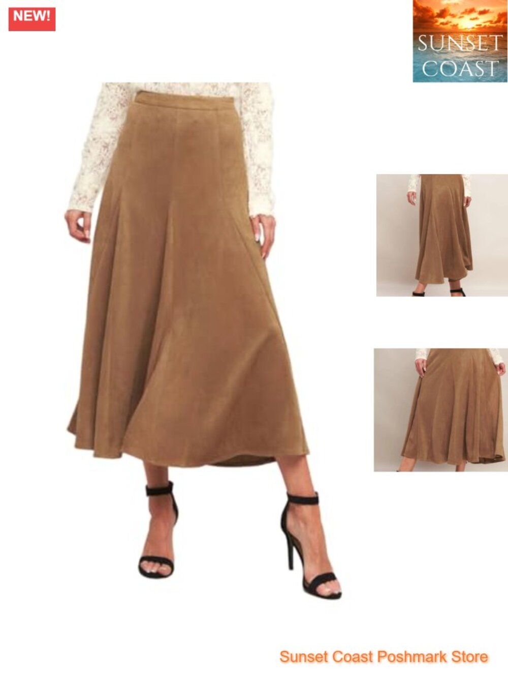 Faux Suede High Waisted Ruffle A-Line Long Skirt Side Zip